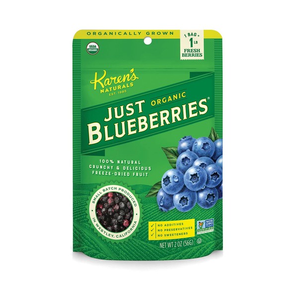 Karen's Naturals Organic Just Blueberries, 2 Ounce (Pack of 1) Organic All Natural Freeze-Dried Fruits & Vegetables, No Additives or Preservatives, Non-GMO