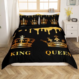 Homemissing Kids Double Gold Crown King & Queen Duvet Cover Mr Mrs Comforter Cover Lover Couple Bedding Set for Couple Man Woman His and Hers Bedspread Cover Couple Room Decor Zipper (No Comforter)