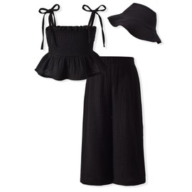 Aalizzwell Toddler Girls Summer Clothes Halter Smocked Outfit Linen Sleeveless Clothing 18-24 Months Black