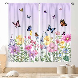 Floral Kitchen Curtains, Spring Flower Butterfly Purple Wildflower Watercolor Floral Farmhouse Country Blackout Window Drape Treatments for Living Room Bedroom Nursery 2 Panel Sets, 42"x54" Inch