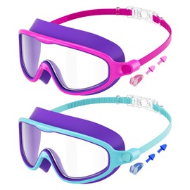 2 Pack Kids Swimming Goggles Wide Vision Swim Goggles with Ear Plugs Nose Clip Anti Fog UV Protection No Leakage Clear Vision for Children Early Teens 3 to 15 Years Old Child (RedPurple & GreenPurple)