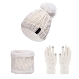 MAXQUU 1 knitted set, including knitted hat, scarf and gloves, warm and fashionable in winter, perfect windproof and warm. (White)
