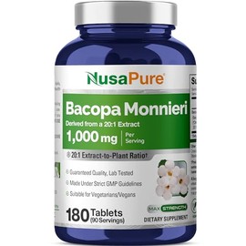 Extracto de hojas de Bacopa 900 mg 180 cápsulas (sin OMG y sin gluten), suplemento cerebral, nootrópico y potenciador cerebral para un enfoque mental 