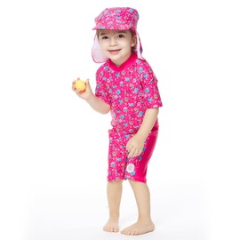 BONVERANO Baby Girl Swimsuits UV One-Piece S/S Bathing Suit Zip UPF50+ Sun Protection Sunsuit with Hats(Rose,3-6 Months)