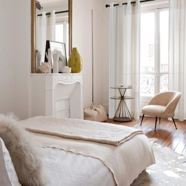 MRTREES Voile Curtains, Semi-Transparent Short Striped Scarf with Eyelet Curtain, Modern Home Style, White+Khaki, 122 x 140 cm (H x W), for Decoration, Children's Room, Living Room, Bedroom, Set of 2