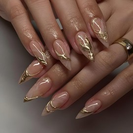 24Pcs Press on Nails Medium Stiletto Fake Nails Gold French Tip Glue on Nail Nude False Nails with Gold Design Glossy Full Cover Nails Press Ons DIY Stick on Nail for Women and Girls