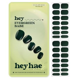 Heyhae Semi Cured Gel Nail Strips | No LED Lamp Needed | Winter, Solid, Green | Easy Apply & Remove, Salon Quality | Includes 28 Strips, 1 Prep Pads, Nail File & Wooden Stick - Hey, Evergreen Babe