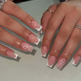 Gifiky False Nails- French Press on Nails Short Square Nails Tips Bow Tie Nude Fake Nails for Women and Girls 24Pcs