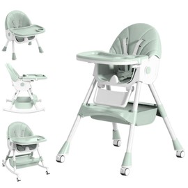 Baby High Chair, 5 in 1 High Chairs for Babies and Toddlers, Travel Foldable High Chair with Foot Rest, Detachable PU Cushion, Double Removable Tray, Adjustable Height & Recline, Locking Wheels