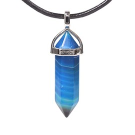 Dyed Blue Brazilian Agate Gemstone Hexagonal Pointed Reiki Chakra Pendant Genuine Leather Necklace 18 Inch
