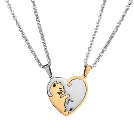 INENIMARTJ Pet Cat Dog Puzzle Necklace Couple Friendship Matching Necklaces for Women,Stainless Steel Peach Heart Pendant Yin Yang Friendship Jewelry, Zinc, No Gemstone