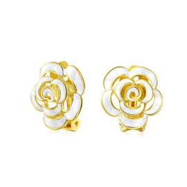 Fashion Enamel 3D Blue White Rose Flower Clip On Earrings Button Style Non-Pierced Ears 14K Gold Plated