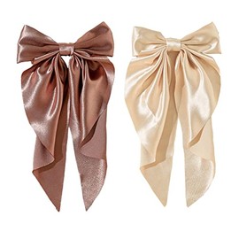 Golden Apple 2Pcs Super Big Bow Hair Clips French Style Soild Color Knotted Bowknot Spring Snap Barrettes Hair Clips with Long Ribbon for Women Girls (Champagne+Brown)