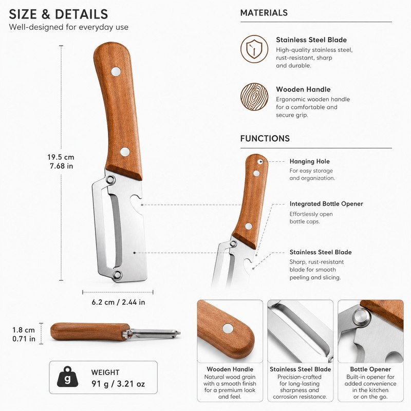 Stainless Steel Vegetable Peeler with Wooden Handle – 2-in-1 Kitchen