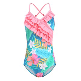 Big Girls Floral One Piece Bathing Suit Hawaiian Ruffle Swimsuits Kids Swimwear Blue Size 14