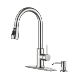 FORIOUS Kitchen Faucet with Soap Dispenser, Brushed Nickel, Single Handle Stainless Steel Transitional Sink Faucet with Pull Down Sprayer 1 or 3 Hole, Suitable for Farmhouse Laundry Camper RV Bar