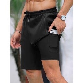 bolukets Swimming Trunks for Men with Compression Liner 7 Inch 2 in 1 Breathable Swimming Shorts with Zip Pockets Men Elastic Board Shorts with Drawstring, black, XL