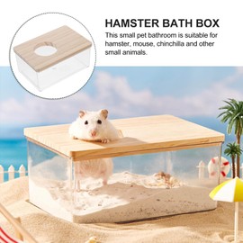 POPETPOP Hamster Sand Bath Box - Transparent Acrylic Small Animal Shower Bathtub with Wood Lid, Hamster Bathroom Case, Critter's Sand Bath for Hamsters Lemming Gerbils Small Pets