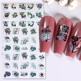 Silver Flowers Nail Art Stickers Decals, Holographic 3D Nail Self-Adhesive Sticker Designs Laser Silver Floral Rose Leaf Tulip Nail Transfer Decals for Women Manicure Charm Decorations DIY Resin Decal