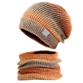 GWAWG Knitted Winter Hat with Scarf Set for Men and Women Winter Hat with Fleece Lining Autumn Winter Scarf and Hat Set 56-60 cm, orange