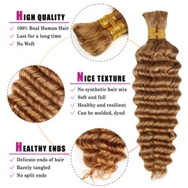 Honey Human Braiding Hair Deep Wave Bulk Human Hair for Braiding,27# Color No Weft Curly Braiding Hair Extensions for Boho Braids Wet and Wavy Braiding Human Hair Bundles(22inch,#27,100g)