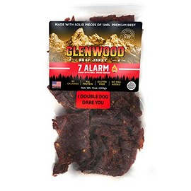 Glenwood Jerky 7 ALARM, Made With Real Smoked Wood, 10oz Bag Beef Jerky Really Hot Jerky Bulk Scorpion Pepper, Ghost Pepper, Carolina Reaper, and Habanero I DARE YOU JERKY (7 ALARM)