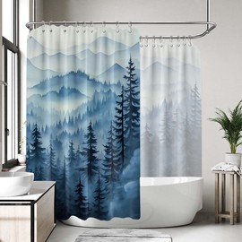 QGHOT Navy Blue Forest Shower Curtain Dark Blue Mountain Nature Shower Curtains for Mens Bathroom Decor, Waterproof Fabric with Hooks, 108x72in