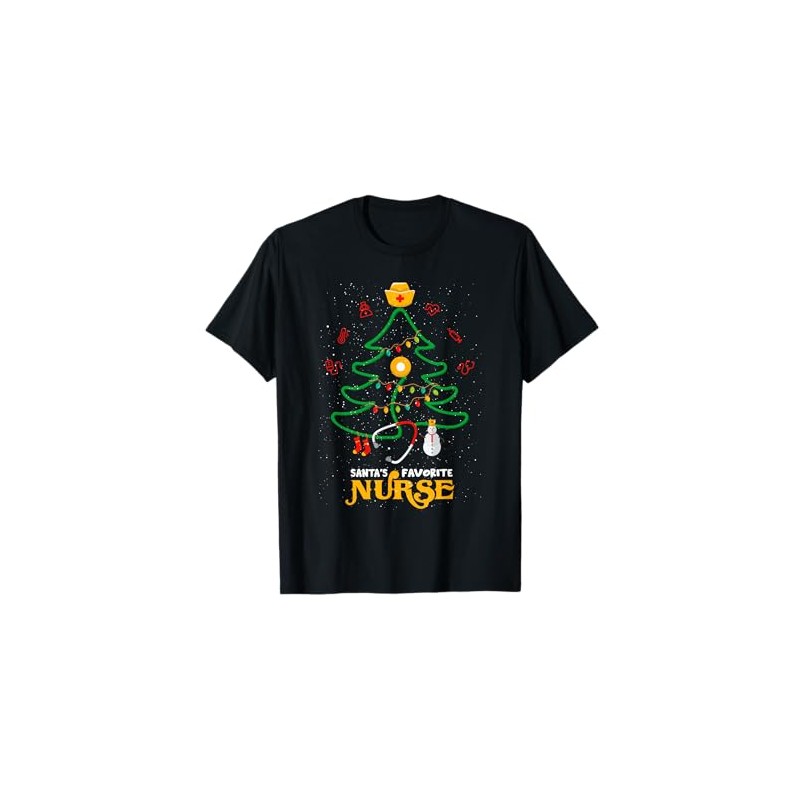 Santas Favorite Nurse Christmas Tree Nurse T-Shirt, black