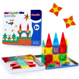 Gemmicc 58 PCS Mini Magnetic Tiles, Travel Magnet Construction Toys with Metal Storage Box, Sensory Montessori Toys for Boys Girls