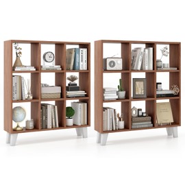 Giantex 9-Cube Open Bookcase of 2, 3-Tier Freestanding Bookshelf with 4 Slanted Legs & 6 Removable Shelves, Modern Cubby Storage Organizer, Wood Display Book Shelf for Living Room Bedroom Study, Brown