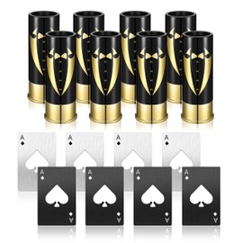 Yoption 16 Pcs Groomsmen Gifts Set, 8pcs Gauge Shot Glasses with 4pcs Black and 4pcs White Credit Card Size Bottle Openers for Wedding Party Proposal Groomsmen Bridesmaid Favors