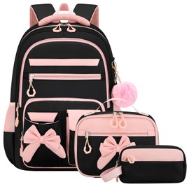 Amythe School Backpack Girls 3-Piece School Bag Kawaii 3rd to 7th Class with Lunch Bag Pencil Case Gymnasium Bow Tie Decoration with Anti-Theft Bag 24L-88081, Pink black, Backpack Backpacks