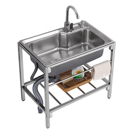 Stainless Steel Utility Sink Single Bowl, Freestanding Stainless Steel Utility Sink With Hose Hook Up, Commercial Kitchen Sink with Hot and Cold Faucet For Restaurant, Bar, Laundry, Garage, Backyard