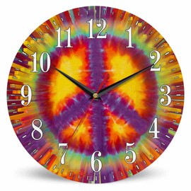 Mxocom Tie Dye Peace Sign Wall Clock Abstract Colorful Vibrant Hipple Symbol 10 Inch Silent Non Ticking Battery Operated Clock Vintage Round Clock for Living Room Bedroom Bathroom Office Decor