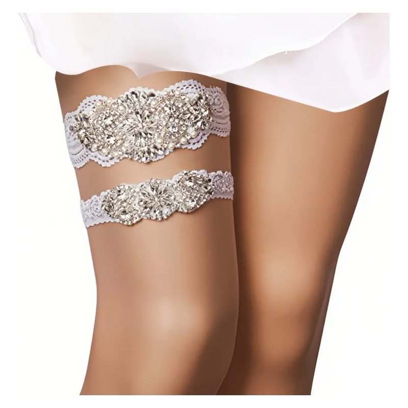 Conjunto Liguero De Encaje Elástico De Novia Con Cristal Per