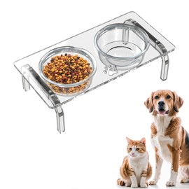 Acrylic Dog and Cat Bowl Holder Set with 2 Removable Thickened Glass Bowls, Dog and Cat Bowl Holder is 3.9 inches high, Perfect for Dog and cat Feeding Utensils