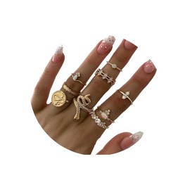 Yheakne Boho Rings Set Gold Snake Knuckle Rings Punk Midi Joint Rings Vintage Stacking Rhinestone Finger Rings Fashion Rings Accessories for Women (Pattern 3)