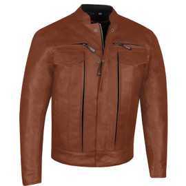 Men's Commuter Premium Natural Buffalo Leather Motorcycle Jacket CE Armor Conceal Carry Gun Pockets Cruiser Biker Tan L