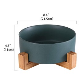 Green Ceramic Dog Bowls with Wood Stand, Dog Water Bowls and Food Dish, Heavy Weighted or No Tip Over Dog Comfort Food Bowls, Stoneware Pet Bowl,Extra High Capacity 8.4" Diameter, for Large Dogs
