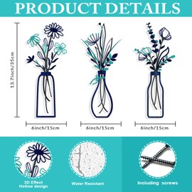 3 Pieces Metal Flowers Wall Arts - Rustic Farmhouse Style Décor Metal Wall Art Black Minimalist Flower Natural Themed Wall Decors for Home Bedroom Dining Room Housewarming (Blue)