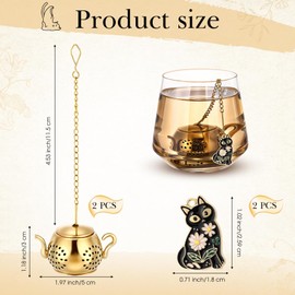 Zonon 2 Pack Gold Teapot Shape Loose Leaf Tea Infuser with Enamel Black Cat Charm Cute and Functional Tea Strainer for Loose Leaf Tea, Tea Accessories Gift for Cat Tea Women Lovers