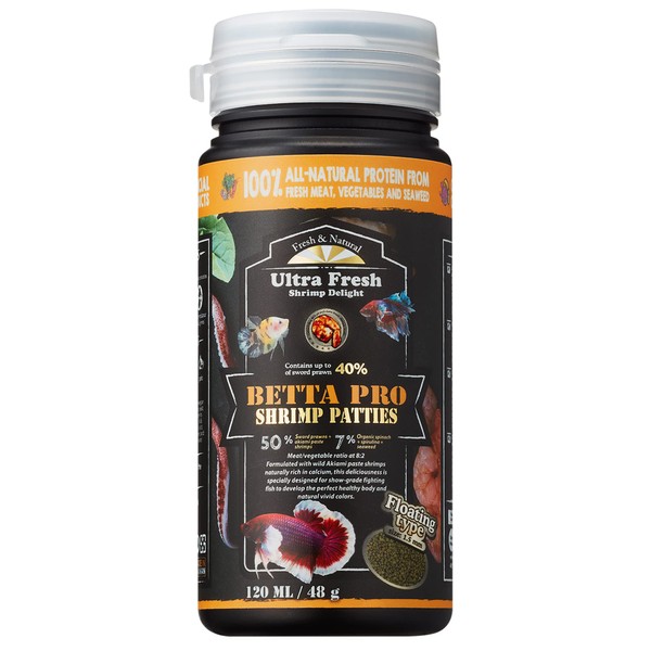 Ultra Fresh Betta Fish Food, Betta Pro Shrimp Patties, 50% Sword Prawns + Akiami Paste Shrimps, All Natural Protein, Rich in Calcium, for Betta's Healthy Development and Cleaner Water, 1.87 oz
