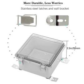 Zulkit Junction Box IP67 Waterproof Electrical Box Hinged Clear Cover Stainless Steel Latch Plastic Enclosure for Project w Mounting Plate Wall Bracket and 2 Cable Gland 5.9"x5.9"x3.5"/150x150x90mm