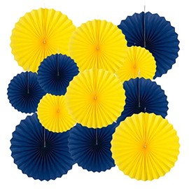 Royal Blue and Yellow Paper Fans Party Decoration Wall Background Ceiling Hanging Decoration for Eid Ramadan Festival Birthday Graduation Theme Party,12pc