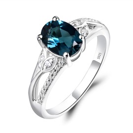 LUO 925 Sterling Silver Oval Shaped 1.47 CT London Blue Topaz Ring Leaf Engagement Ring December Birthstone Ring for Women US Size 10