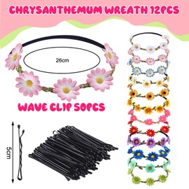 EDLMKM 12 Pcs FFlower Crown Headbands, FFlower Headbands for Women, Daisy Flower Hair Band, Festival Hair Accessories, Daisy Headband, Ladies Floral Festival Flower with Adjustable Elastic Ribbon