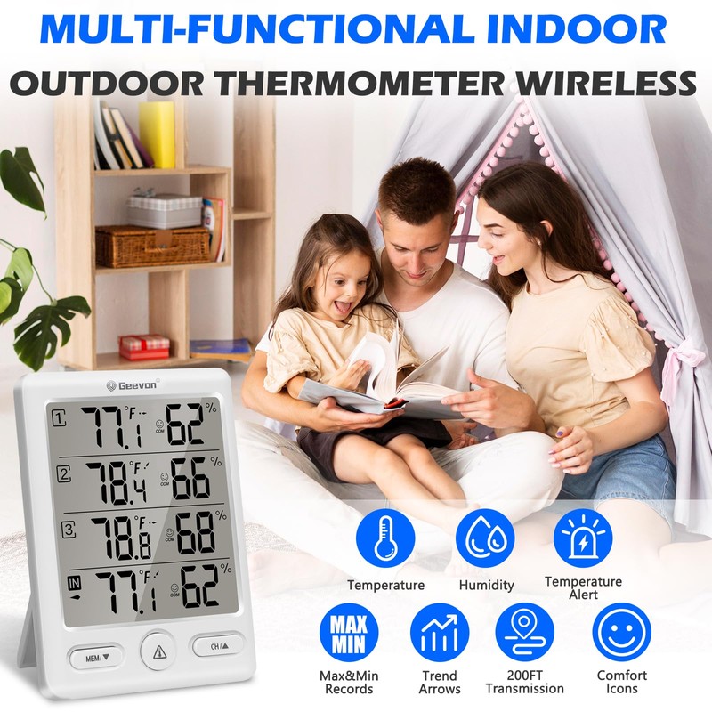 Geevon Indoor Outdoor Thermometer Wireless with 3 Remote Sensors, Temperature