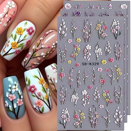 Flower Nail Art Stickers Decals Spring Flower Nail Stickers 3PCS Pink Purple Floral Leaf Love Heart 5D Embossed Nail Design Adhesive Decals Sliders Manicure Supply for Women DIY Nail Art Decorations
