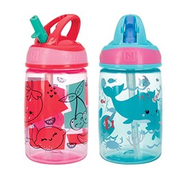 Nuby Flip-it Kids On-The-Go Botella de agua impresa con pajita dura a prueba de mordeduras, 12 onzas / 360 ml, más de 18 meses, 2 unidades de fruta/narval