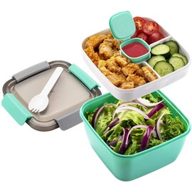MUJUZE Salad Containers for Lunch, 52oz Lunch Box with Salad Dressing Container to Go, Salad Lunch Containers, BPA-Free, Salad Bowl Lunch Container with Lid, Lunch Box with 3-Compartments (Green)